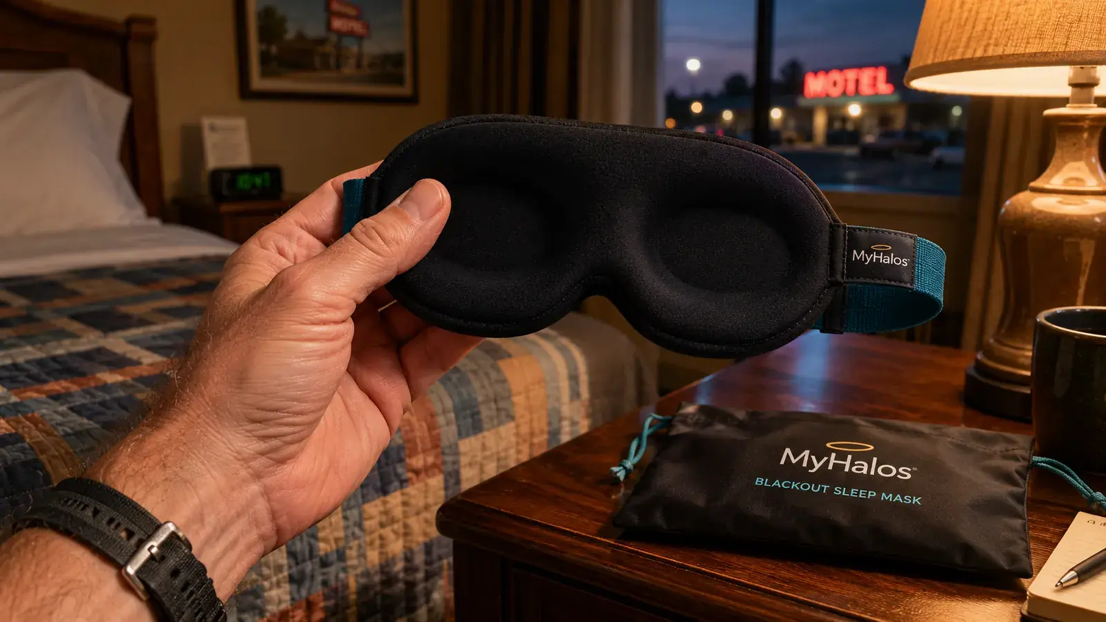 Close-up of the MyHalos 3D sleep mask held in a hand showing the contoured eye cavities and soft elastic strap