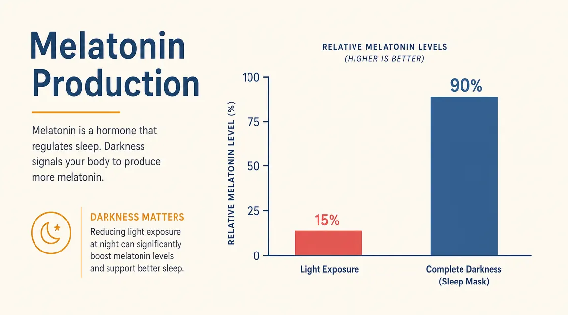 Split diagram showing brain melatonin level with light exposure versus total darkness from a blackout mask