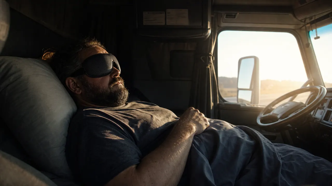 Man sleeping deeply in a dark truck cab with a 3D blackout sleep mask on, highway visible through the windshield at dawn