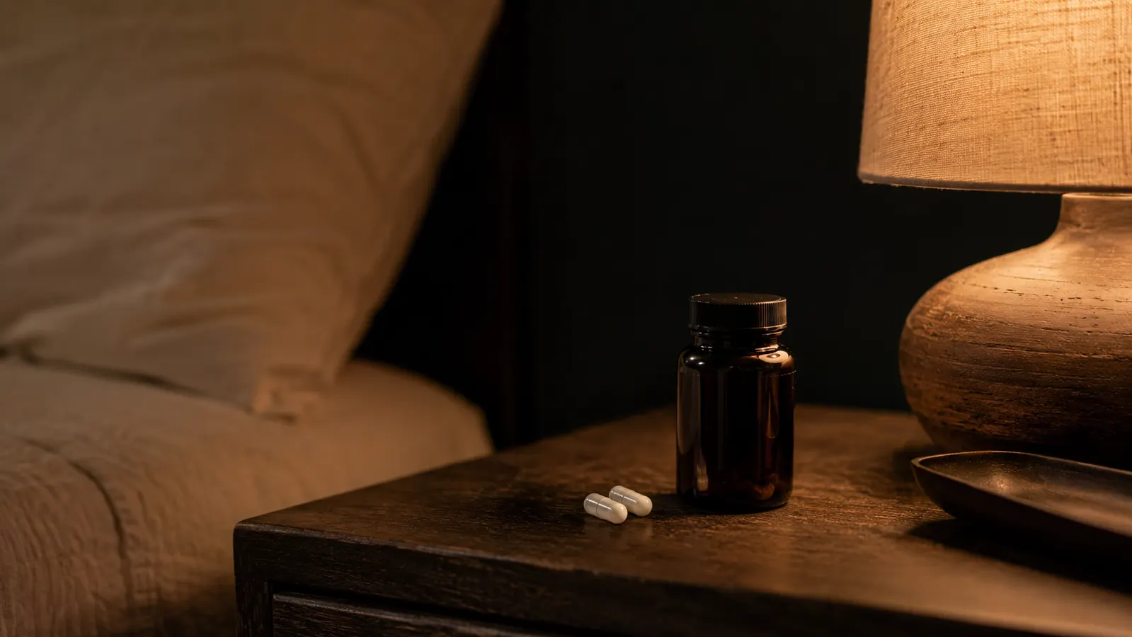 Small white supplement bottle and two capsules on a dark wooden nightstand beside a dim amber lamp