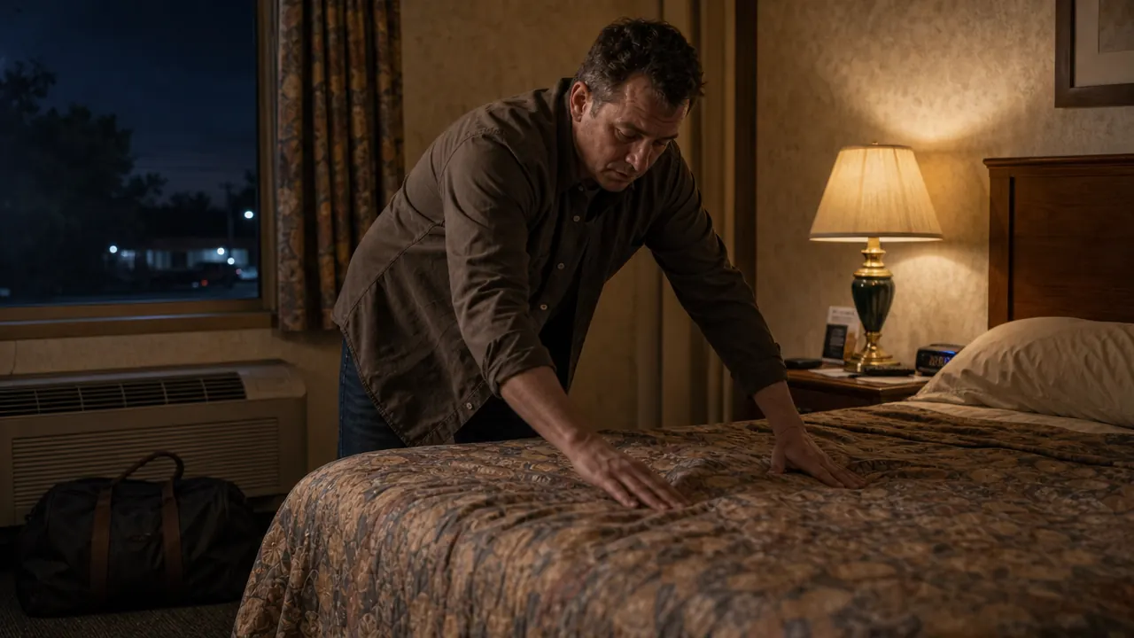 Person in a motel room placing a weighted blanket on the bed before sleeping