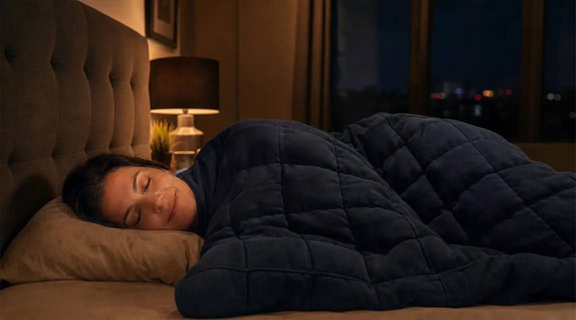 Person lying in a dimly lit bedroom under a heavy blanket, eyes closed, expression relaxed