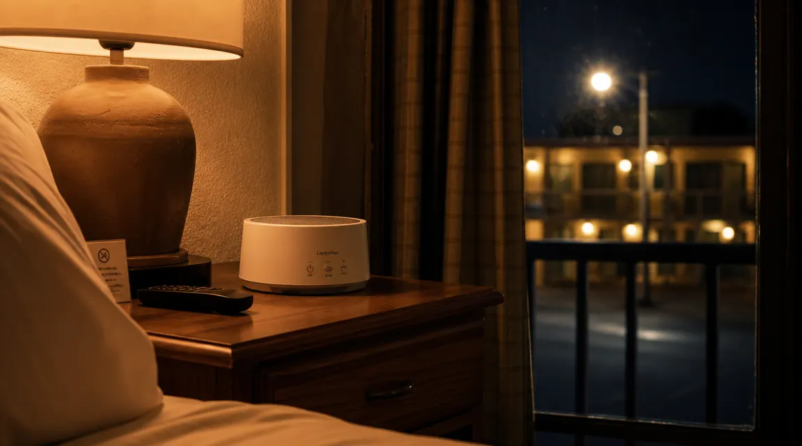 White noise machine on a nightstand beside a lamp in a dark motel room