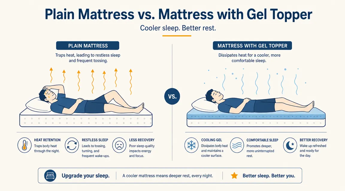 Split graphic showing a hot sweaty sleeper on one side and a cool dry sleeper on a gel topper on the other