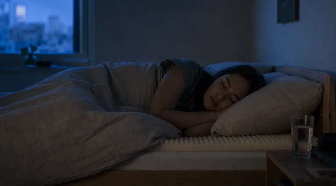 Person sleeping on a made bed with a thick foam mattress topper visible under light sheets, soft blue bedroom lighting