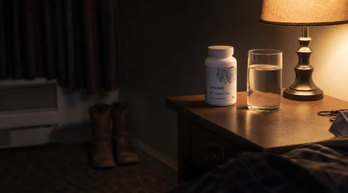 White bottle of Doctor's Best magnesium glycinate on a nightstand next to a glass of water in a dim bedroom
