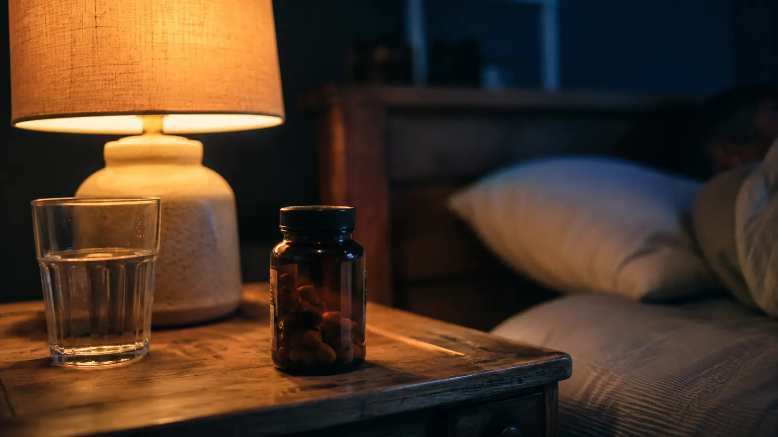 Bottle of Doctor's Best magnesium glycinate on a wooden nightstand beside a dim bedside lamp and a glass of water