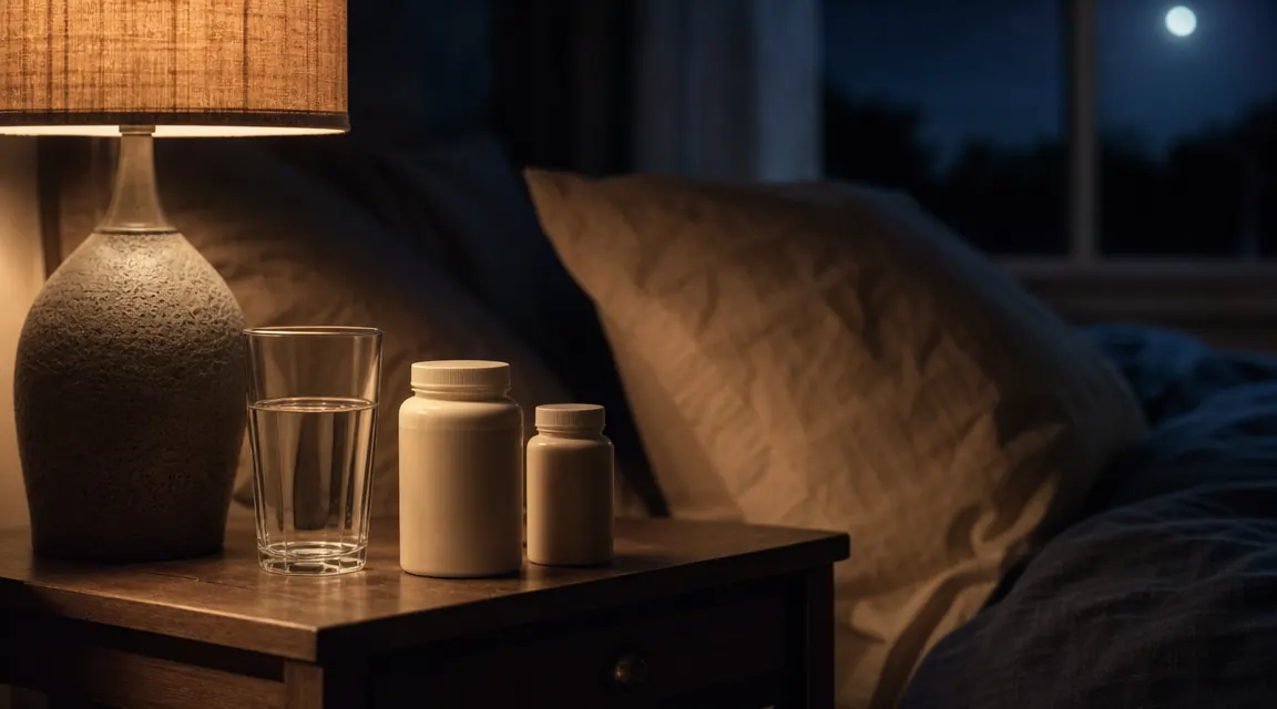 Two magnesium glycinate supplement bottles on a nightstand next to a dim reading lamp and a glass of water