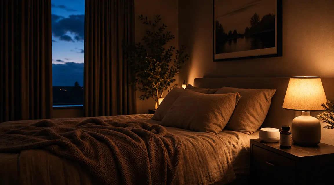 A woman in her 40s sleeping peacefully in a softly lit bedroom with a weighted blanket pulled up to her shoulders at the dim blue light of early morning