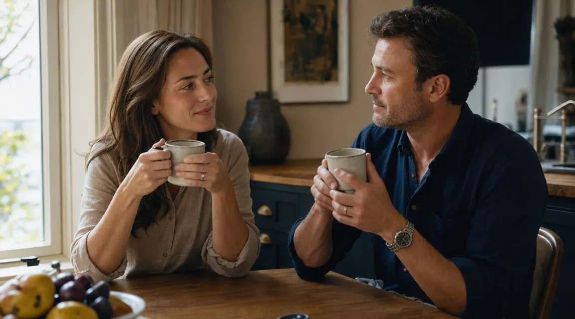 Man and woman sitting at a kitchen table sharing coffee, smiling, early morning light