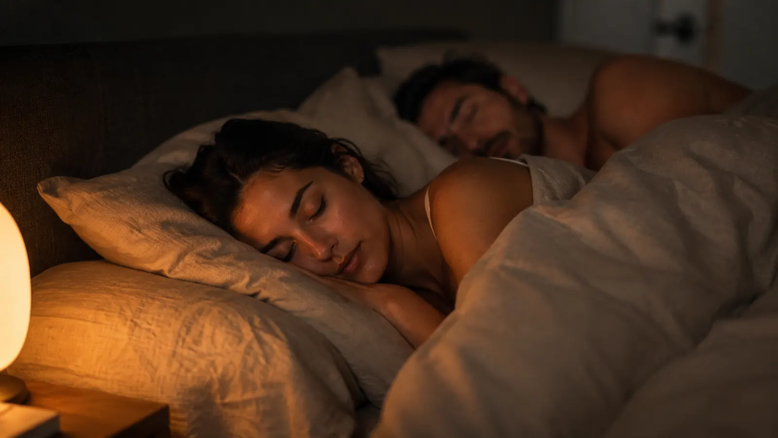 Couple sleeping peacefully in a dark bedroom, soft amber light from a bedside lamp, one side of the mattress with a visible foam topper