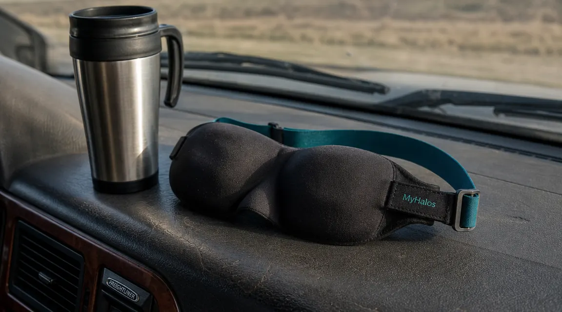 Close-up of a MyHalos 3D sleep mask resting on a truck dashboard with a coffee thermos beside it