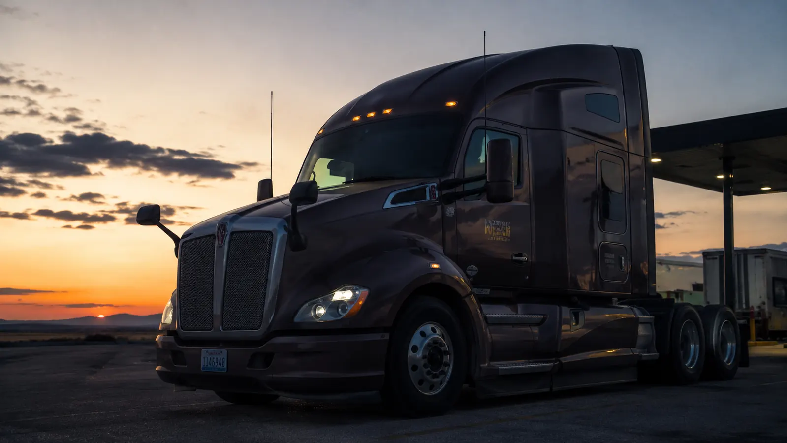 A semi truck parked at a rest stop at dawn, light beginning to creep through the sleeper cab curtains