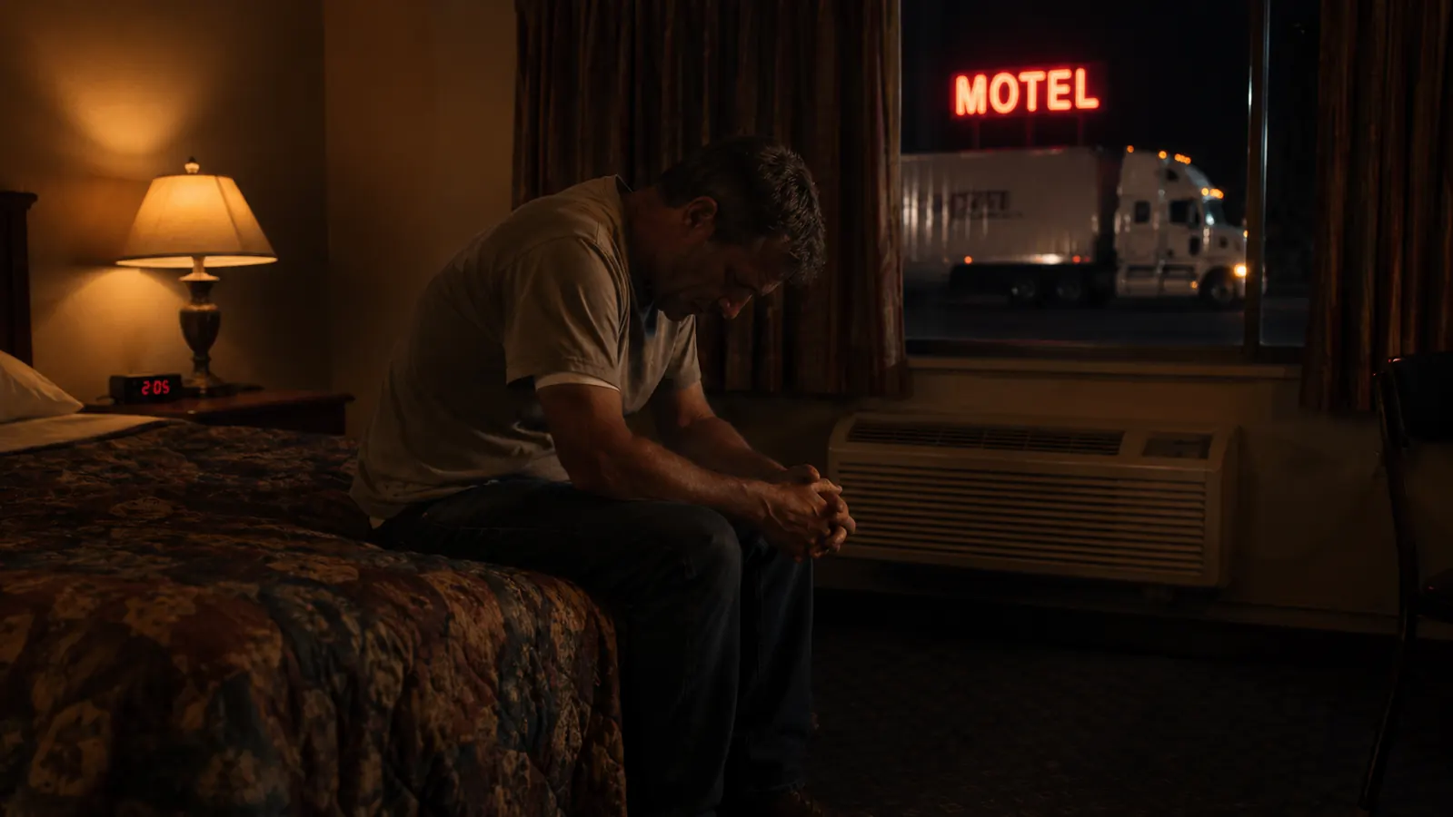Tired trucker sitting on the edge of a motel bed at night, head in hands, highway visible through the window
