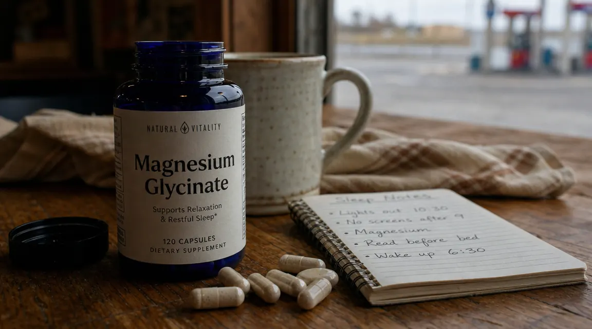 Supplement capsules spilling from an open bottle onto a wooden table beside a printed logbook showing sleep notes