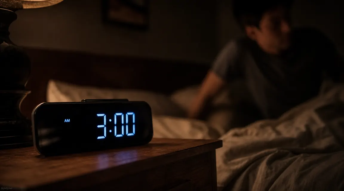 Digital clock reading 3:00am on a nightstand next to a dark bedroom window, faint blue glow in the darkness