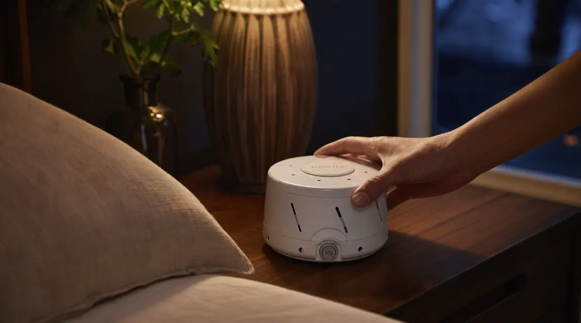 Hand placing a Yogasleep Dohm white noise machine on a nightstand three to four feet from a bed