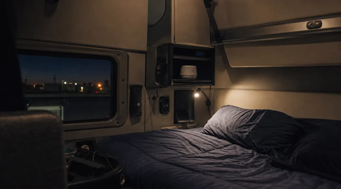 Trucker-style sleeper cab interior with a small sound machine plugged into a USB adapter on the shelf above the bunk