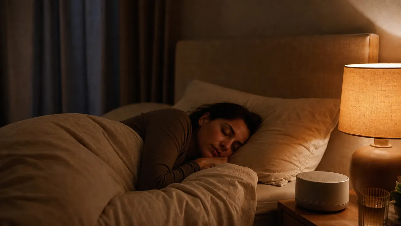 A small white cylindrical sound machine on a nightstand beside a dim amber lamp in a darkened bedroom