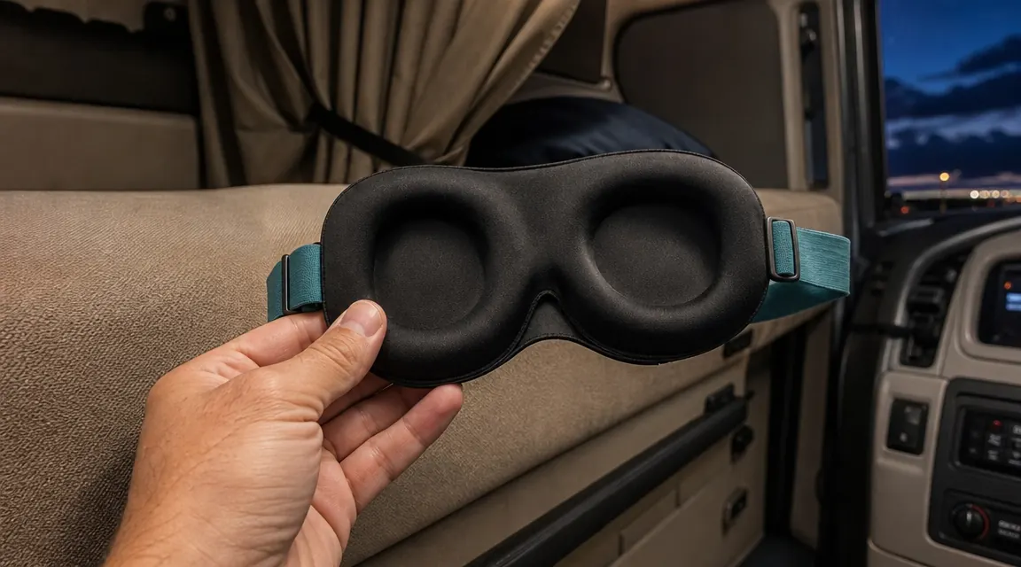 MyHalos 3D blackout sleep mask held in a hand showing the contoured eye cups and adjustable strap