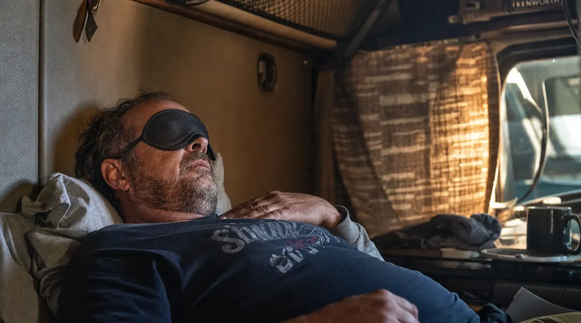Long-haul trucker reclining in a dark sleeper cab with a blackout sleep mask on, early afternoon light visible through the windshield curtain