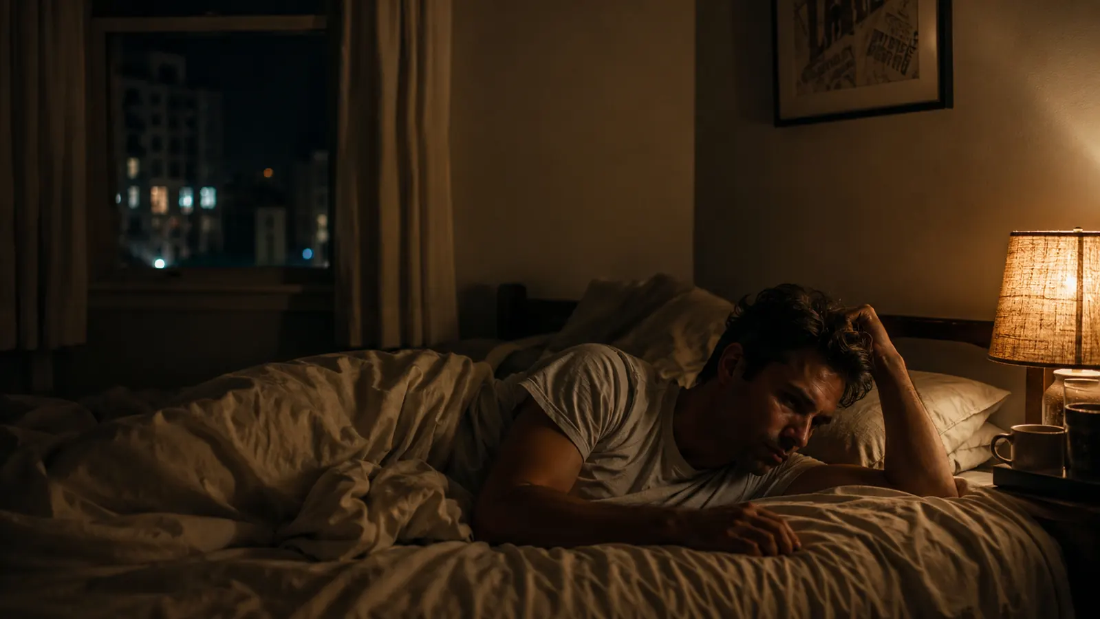 Person lying awake in a hot bedroom at night, sheets kicked off, ceiling fan visible overhead