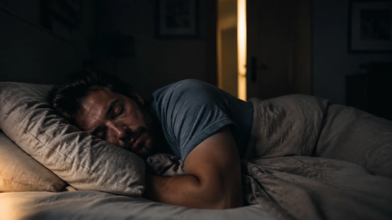 Person sleeping peacefully in a dark quiet bedroom, alarm clock on nightstand showing a reasonable hour