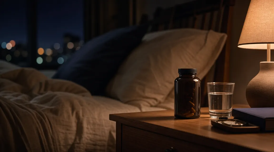 A bottle of magnesium glycinate capsules sitting on a nightstand next to a dim amber lamp, dark bedroom background