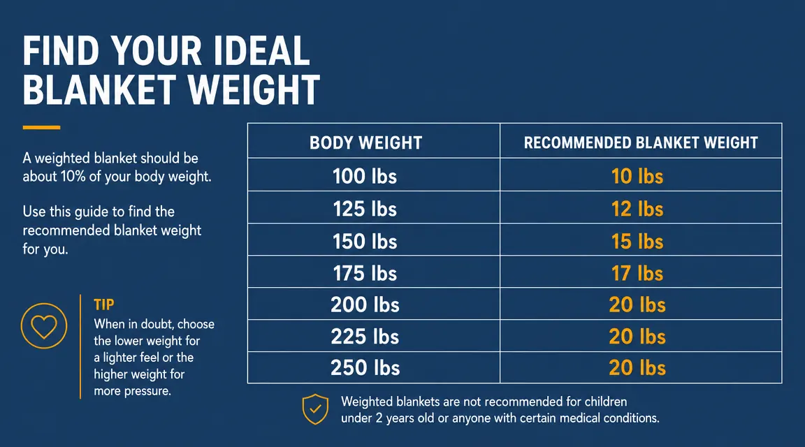 Simple chart showing recommended weighted blanket weight by body weight, from 100 lbs to 250 lbs