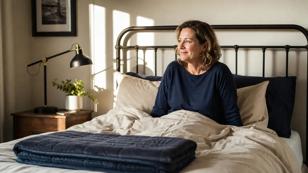 Person sitting up in bed in the morning looking rested, weighted blanket folded at the foot of the bed