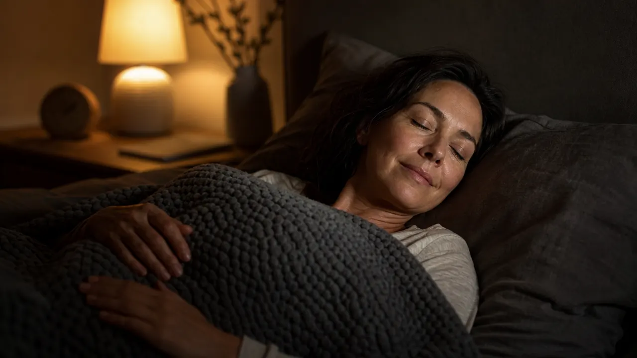 Person lying in a dim bedroom under a heavy blanket with ambient bedside lamp light, eyes closed, resting