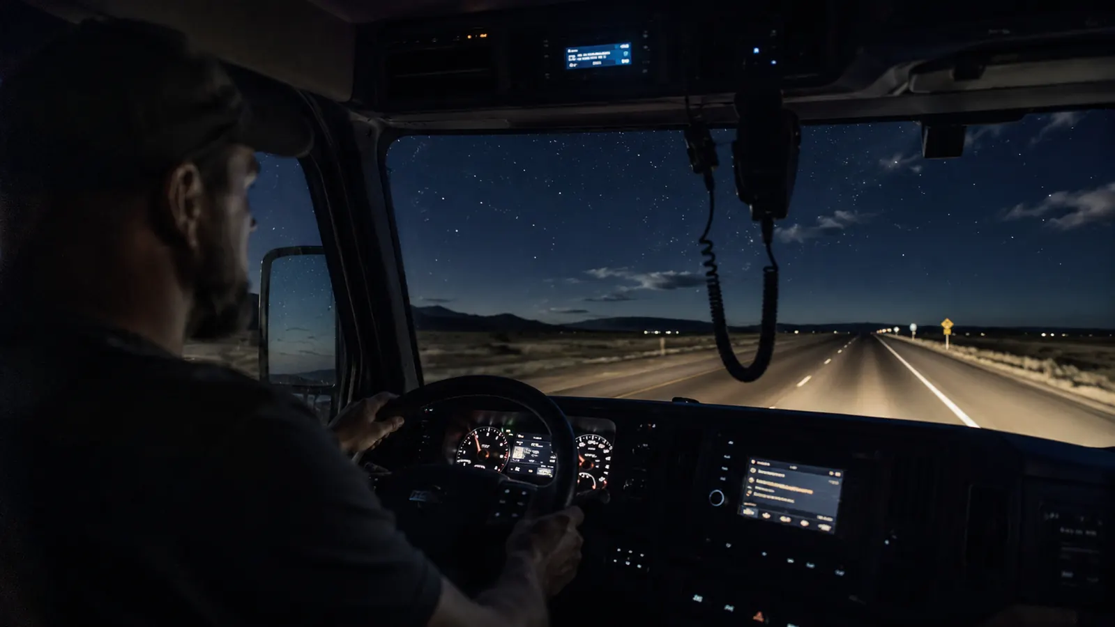 Highway at night seen through a truck windshield, driver silhouette, long empty road stretching ahead under stars