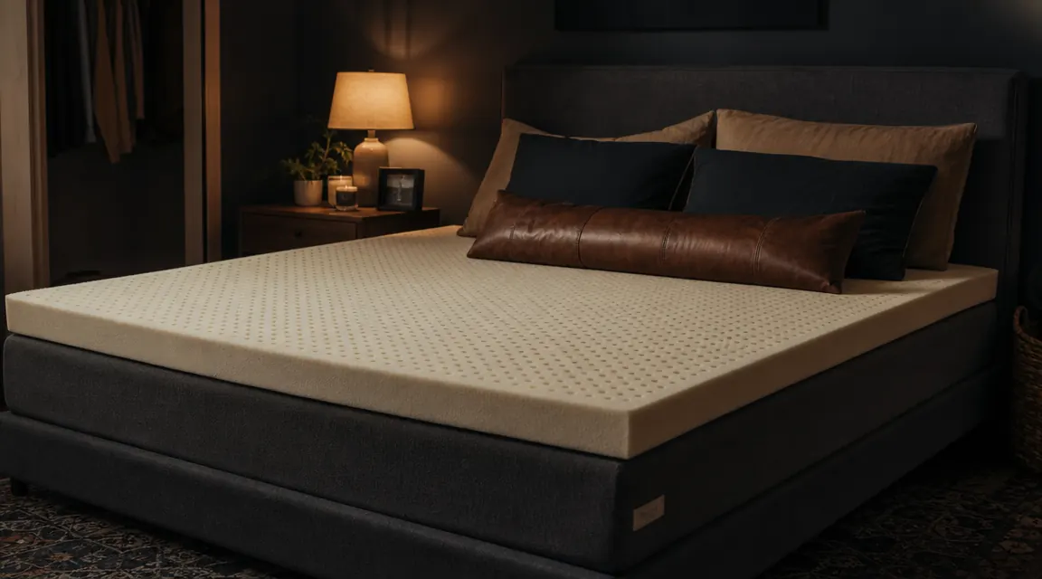 LUCID gel memory foam topper unrolled on a bed in a dimly lit bedroom, slight blue-tinted ambient light