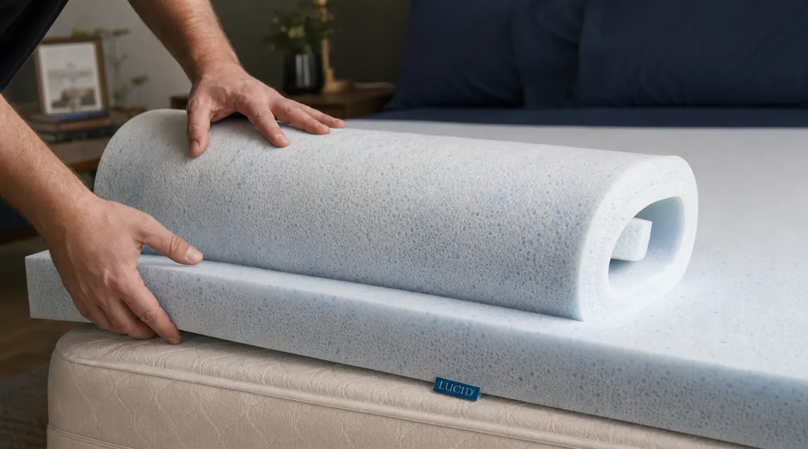 Hands unrolling a LUCID cooling gel foam mattress topper onto a bare queen mattress