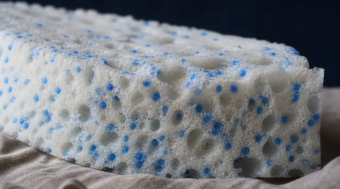 Close-up of the open-cell gel foam surface of a cooling mattress topper showing the texture and ventilation channels