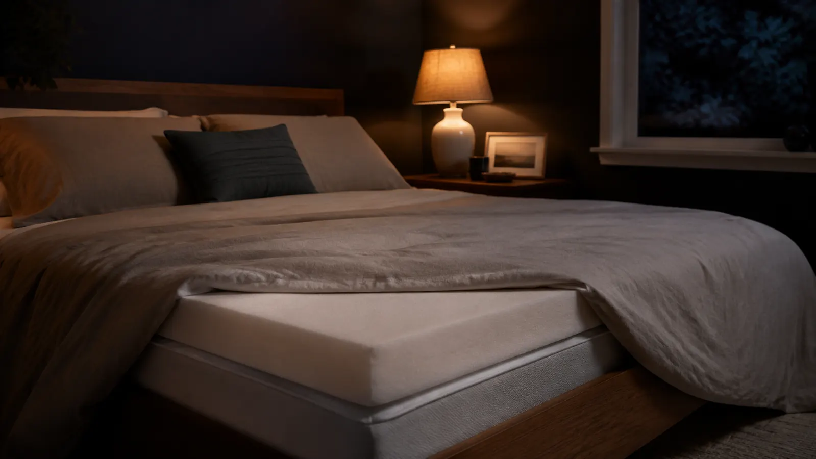 A neatly made queen bed with a thick foam mattress topper visible under white sheets, bedside lamp glowing warm in a dark bedroom