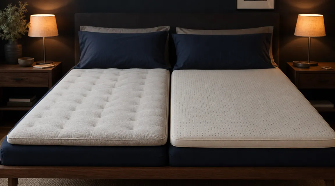 Two mattress toppers side by side on a bed in a dim bedroom, one white foam and one graphite-colored, with a bedside lamp casting warm amber light