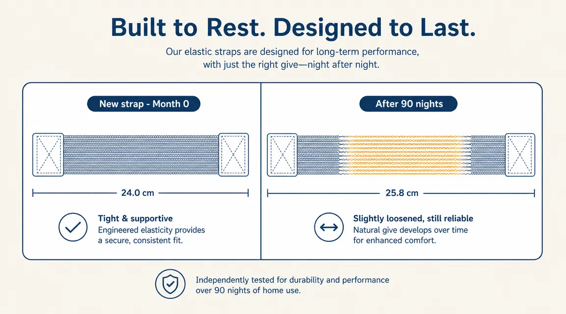 MyHalos sleep mask strap compared at three months of use, showing elastic stretch versus a new strap