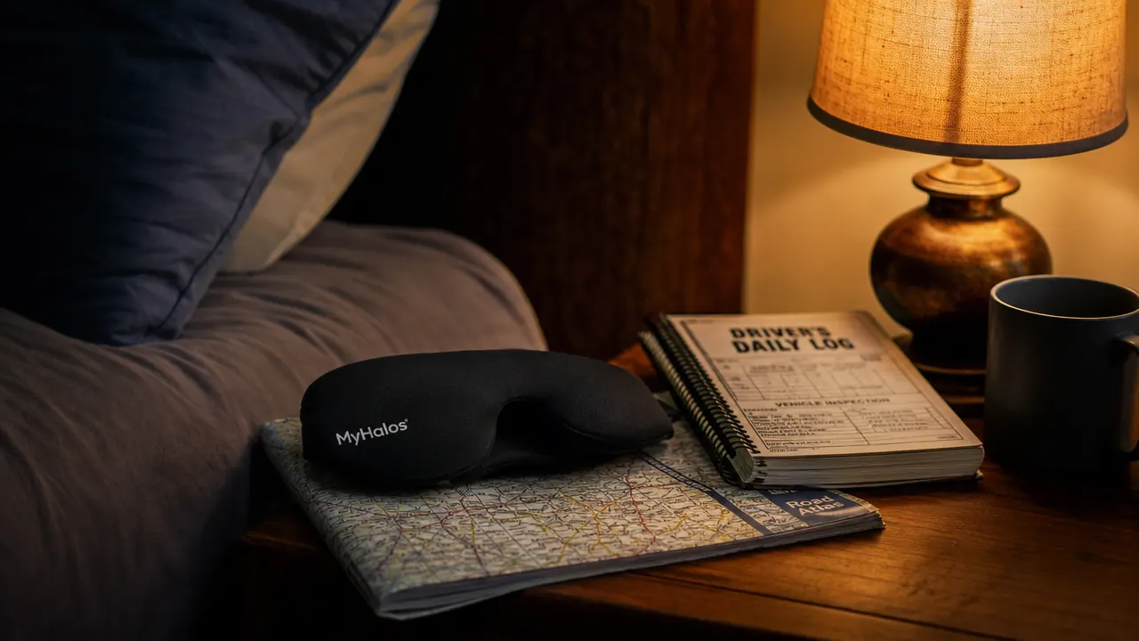 MyHalos 3D sleep mask resting on a nightstand beside a trucker's road atlas and a dim amber lamp