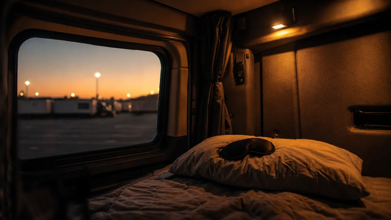 Truck sleeper cab bunk with blackout curtain partially open, soft amber reading light on, sleep mask resting on pillow