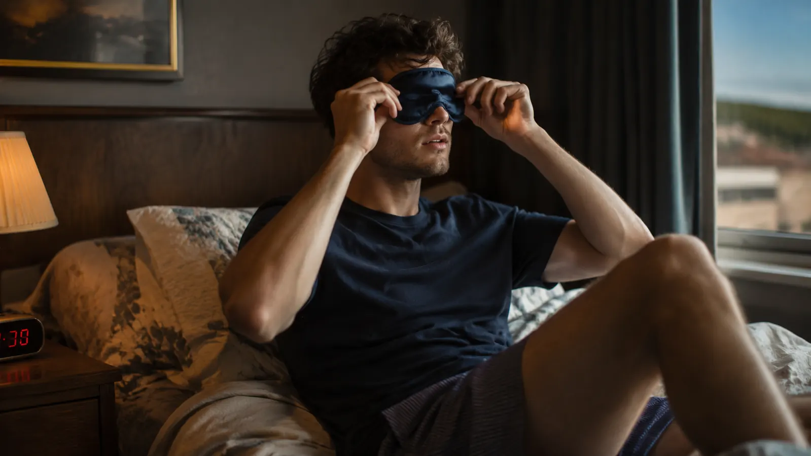 Person putting on a sleep mask before bed in a bright motel room