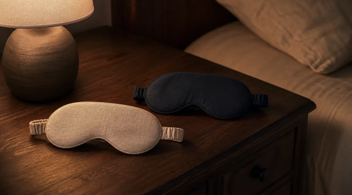 Two sleep masks laid side by side on a dark nightstand, one budget and one premium, with a dim bedside lamp in the background
