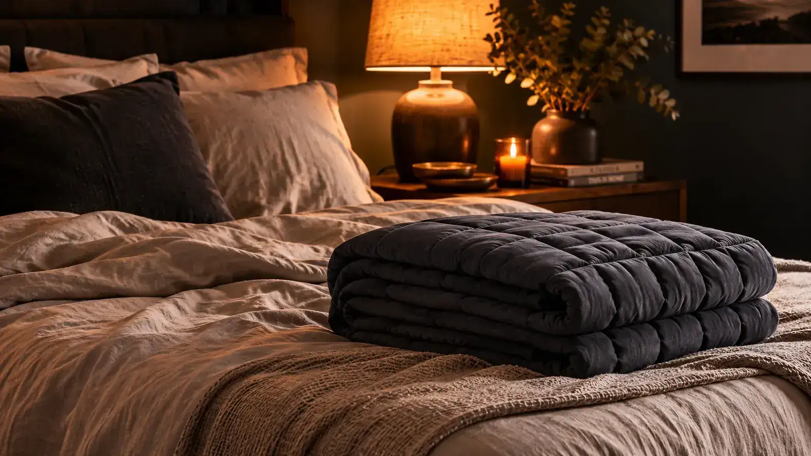YnM weighted blanket folded on the end of a bed in a dim, calm bedroom with warm amber bedside lamp light