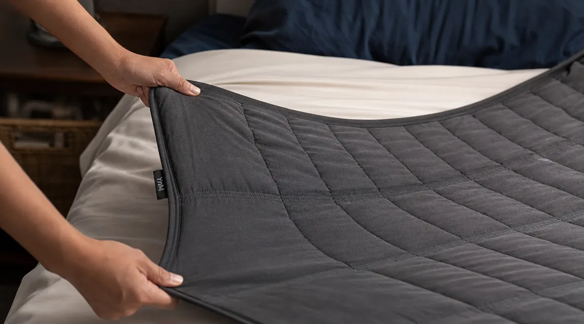 Hands smoothing a weighted blanket across a mattress, glass beads visible through the fabric grid stitching