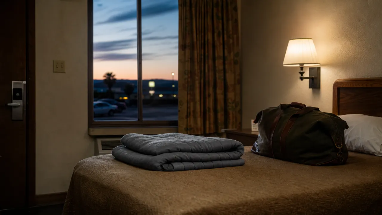 Weighted blanket folded on a motel bed next to a trucker's overnight bag, road visible through the window