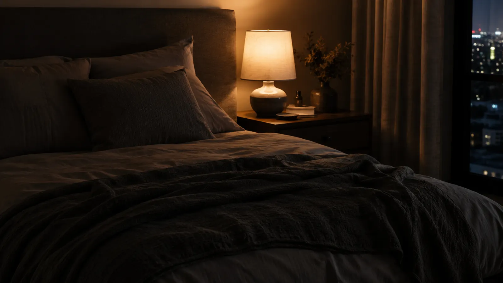 Neatly folded gray weighted blanket on a dim-lit bed with a warm bedside lamp glowing in the background