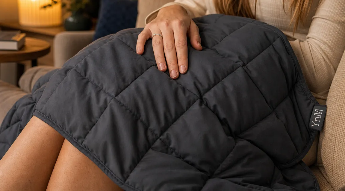 Close-up of a person's lap draped with a YnM weighted blanket showing the square-stitched glass bead texture