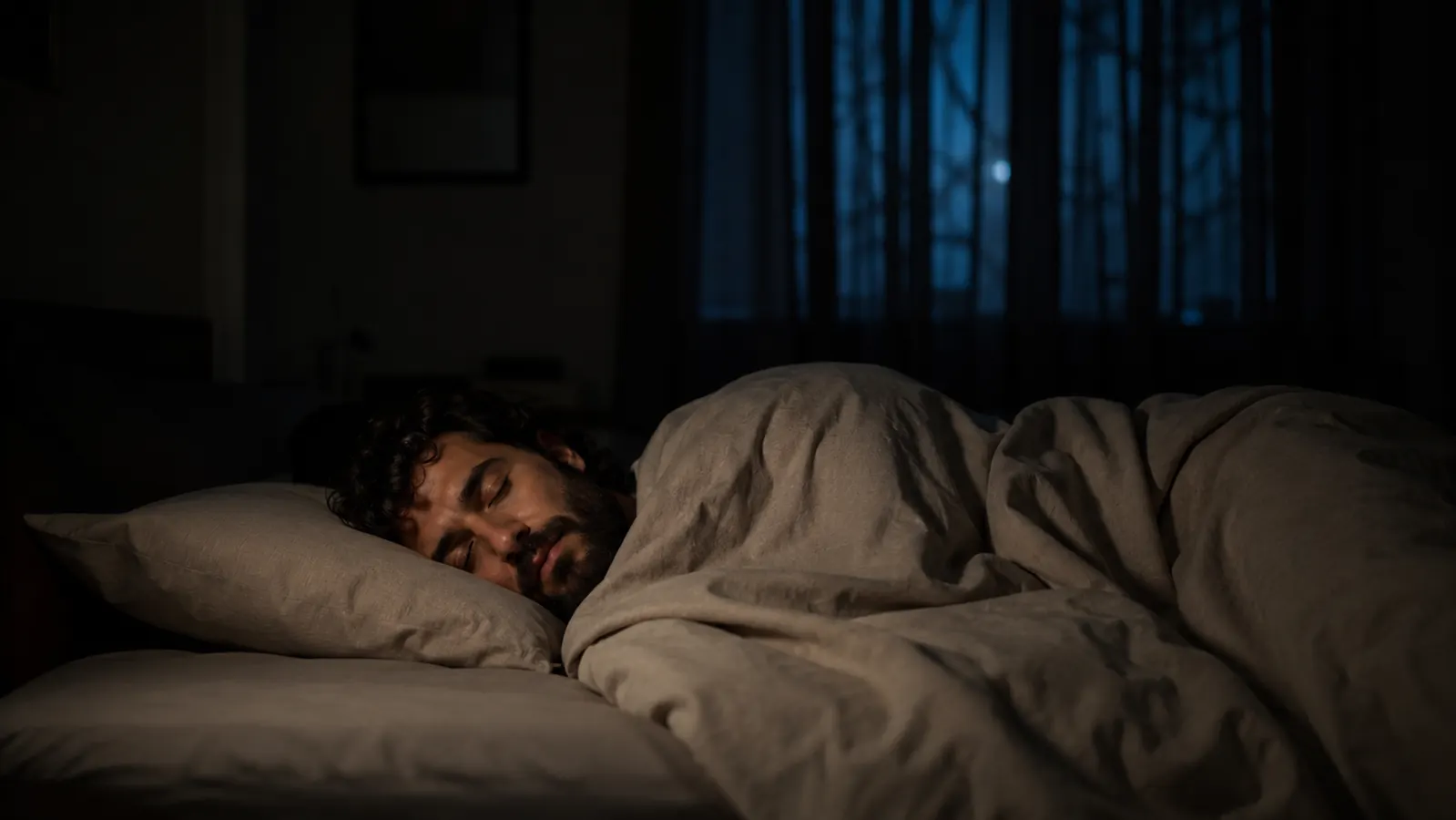 Person sleeping peacefully under a weighted blanket in a very dark bedroom with faint moonlight through the curtains