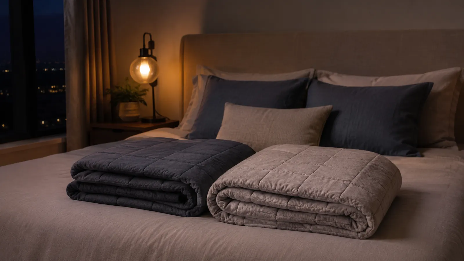 Two weighted blankets side by side on a bed in a dim bedroom with a warm bedside lamp glowing on the nightstand