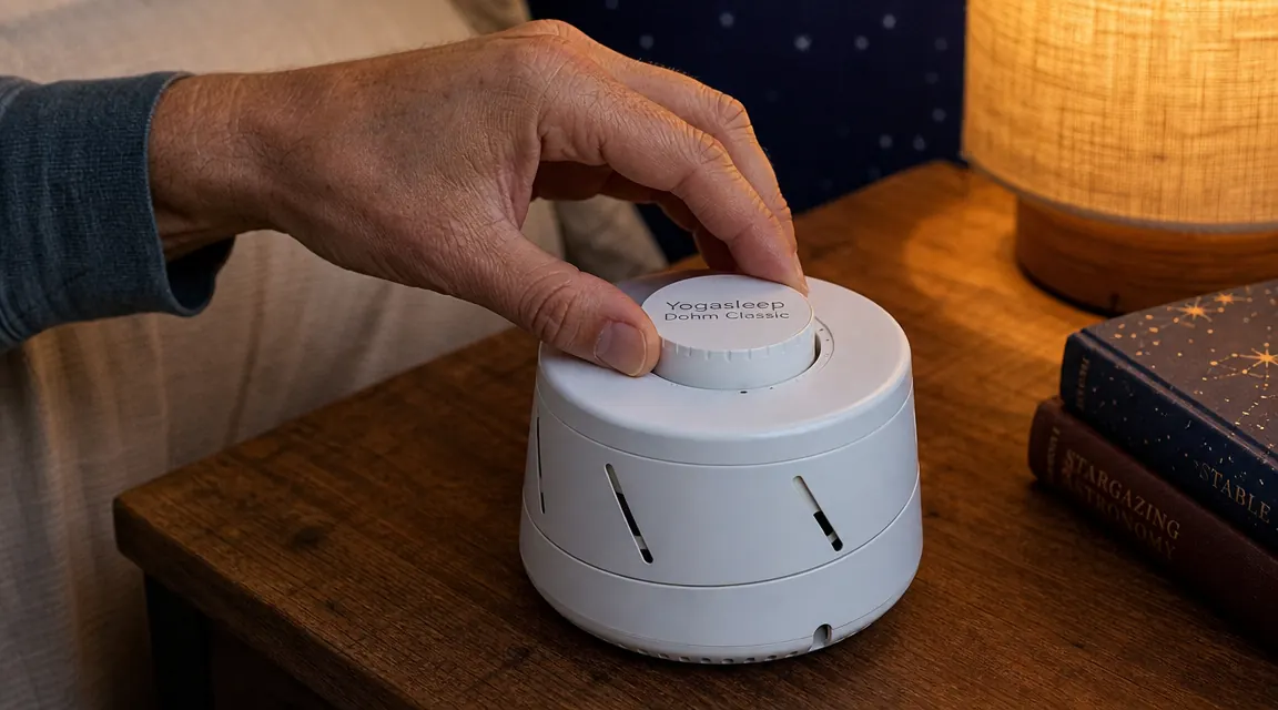 Hand adjusting the top cap of a Yogasleep Dohm Classic to change the volume, close-up showing the vent slots
